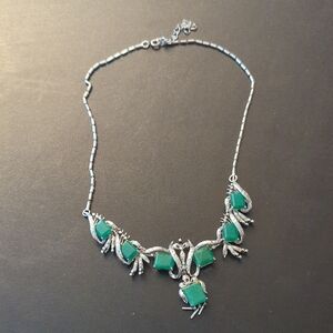 Vintage 90s Rhodium Plated and Natural Emerald Necklace